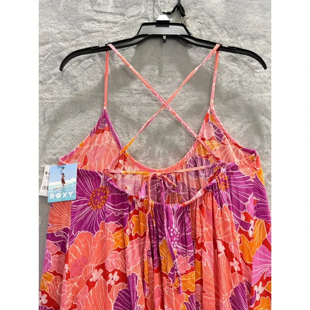 NWT Roxy Summer Flint Dress Women Pink Orange Floral Tropical Strappy Coverup XS